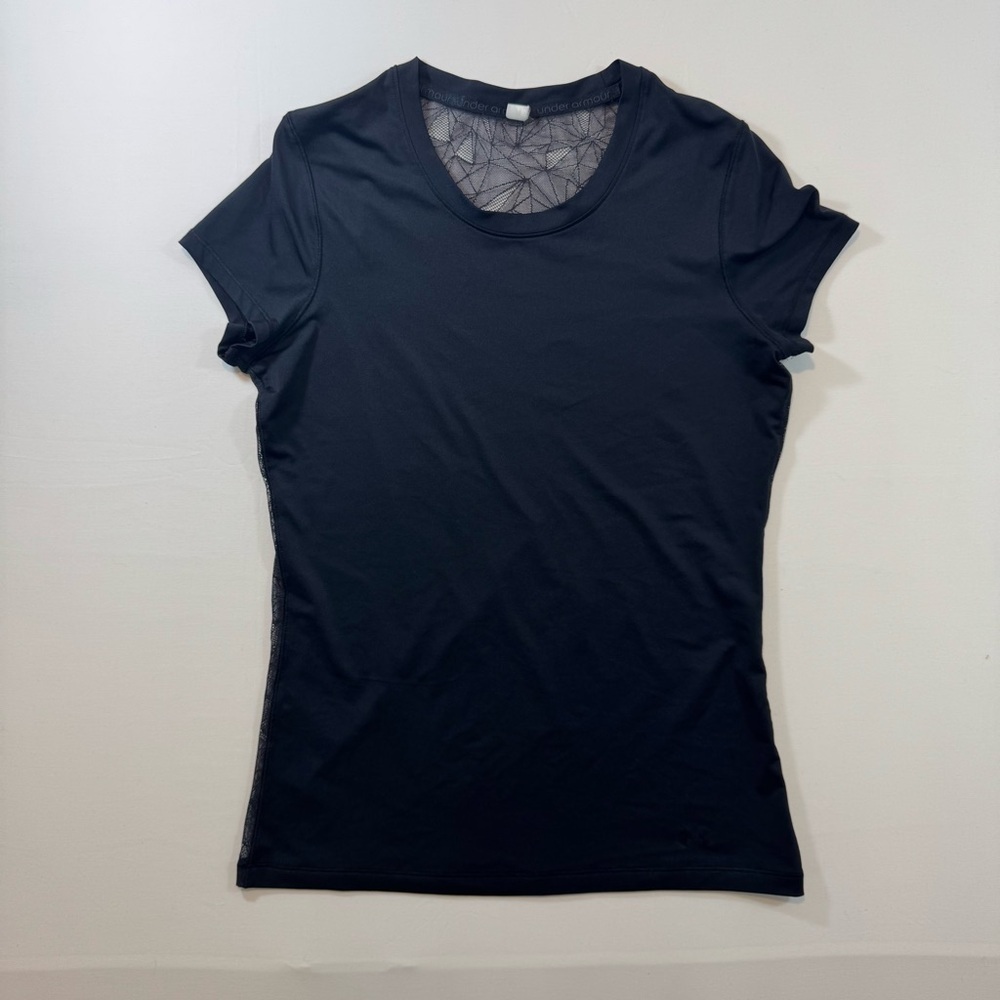 Under Armour Women’s Black Sheer Mesh Back T-Shirt Top Size S Fitted Active